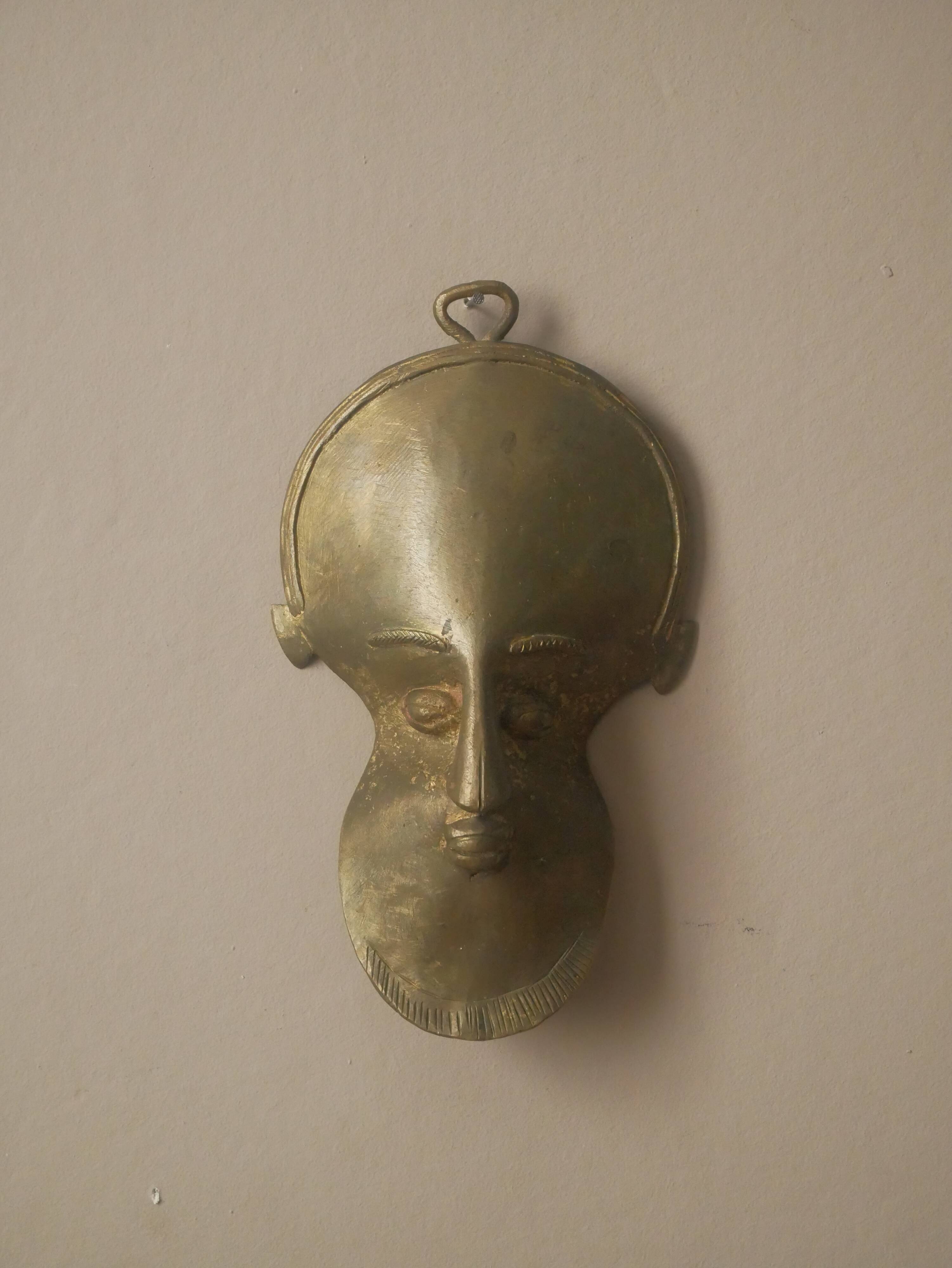 Brass mask wall sculpture tribal decorative object African art handmade vintage