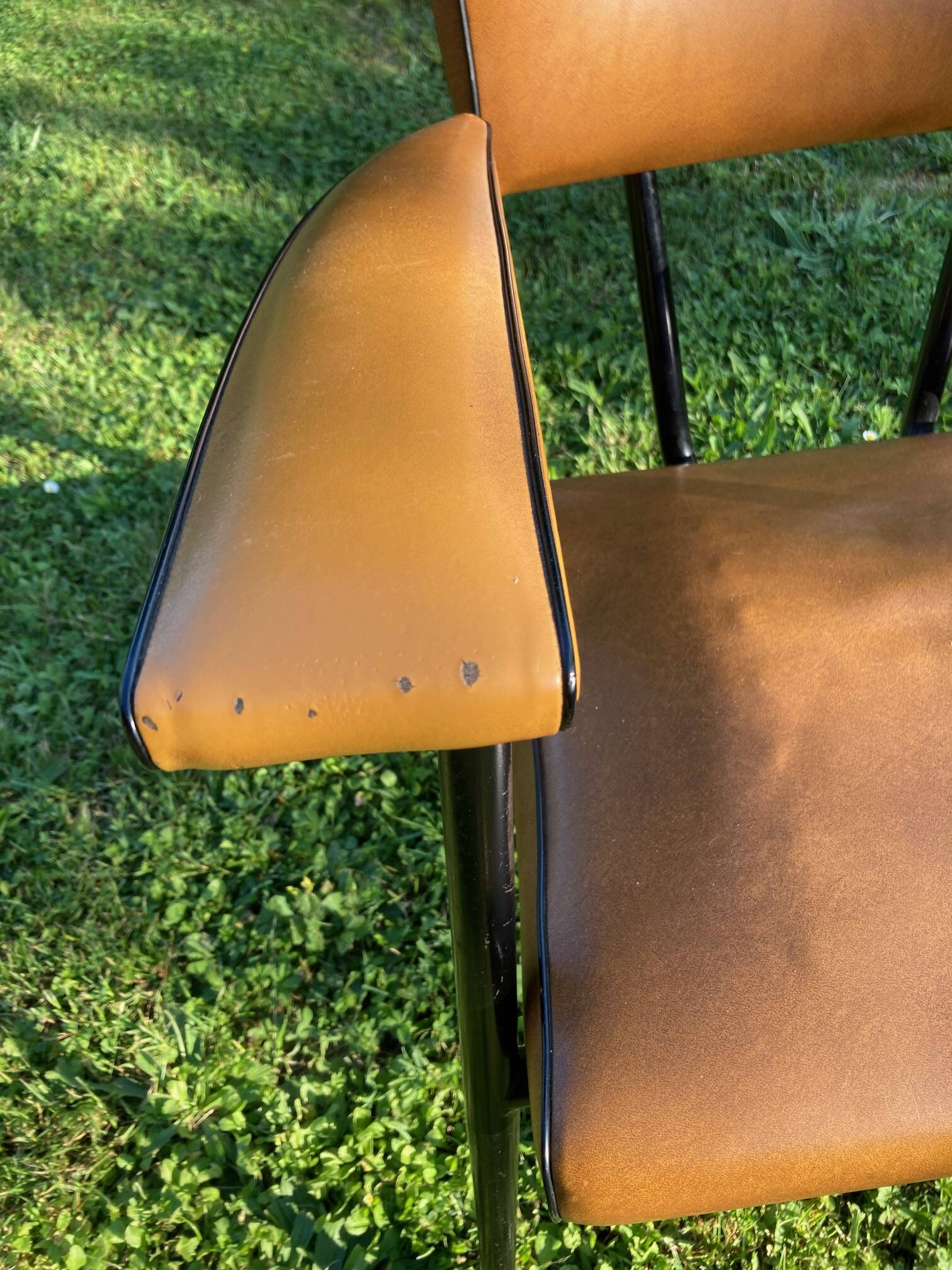 Rare light brown leatherette armchair, by "Colette Gueden", designer from the 50s