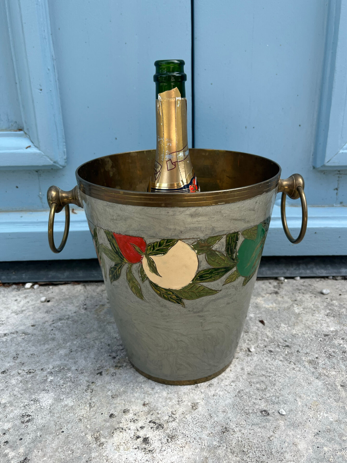 French Cloisonné Champagne Bucket with Fruit Garland & Brass Handles