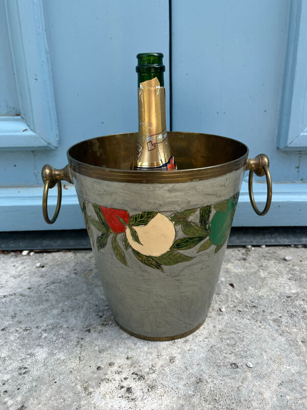 Seau à champagne en cloisonné français avec guirlande de fruits et poignées en laiton