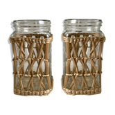 Duo of glass jars surrounded by vintage bamboo