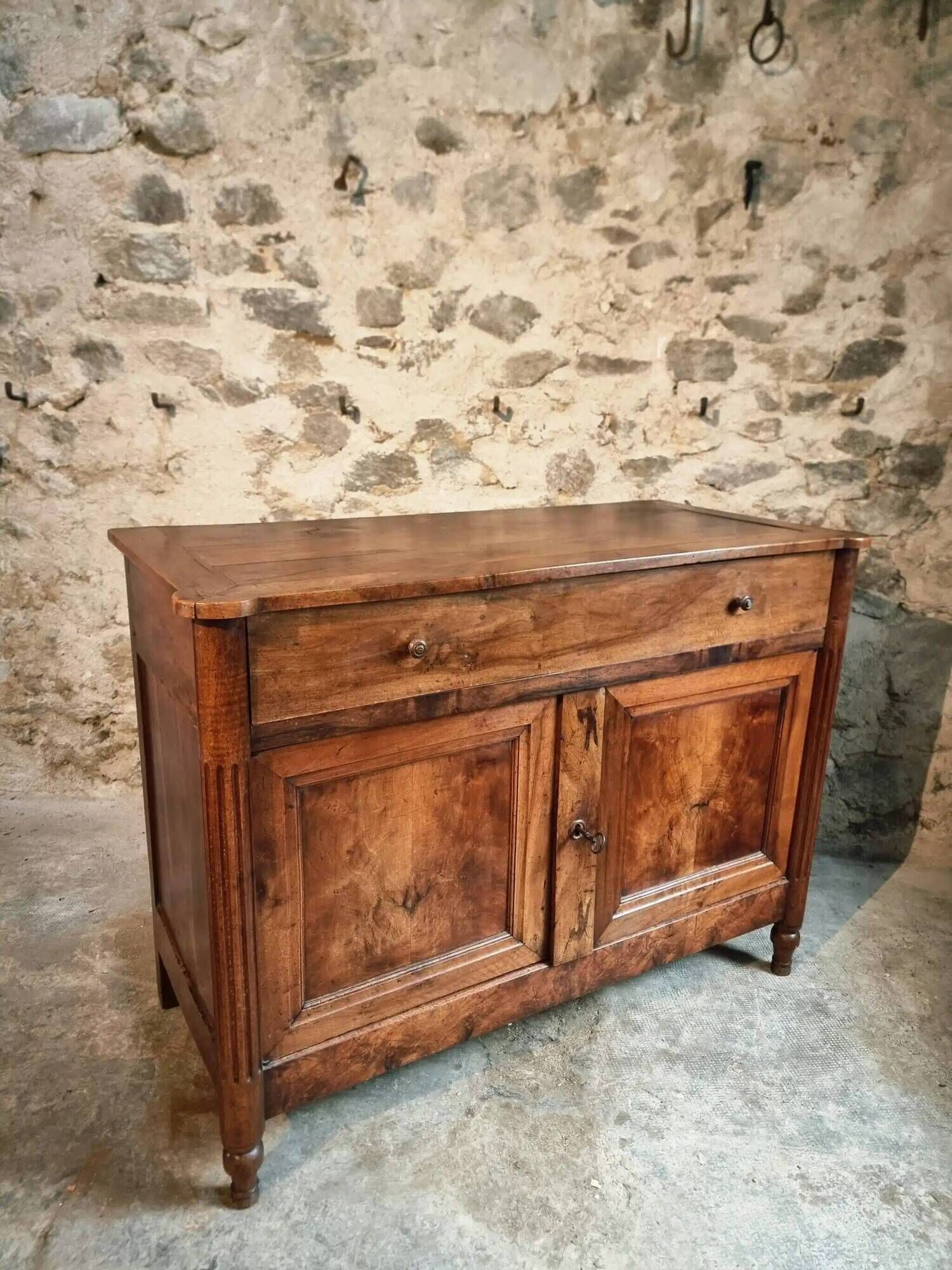 Antique French Walnut Sideboard - 19th Century Buffet with Drawer and Double Doors - Rustic Farmhouse Storage