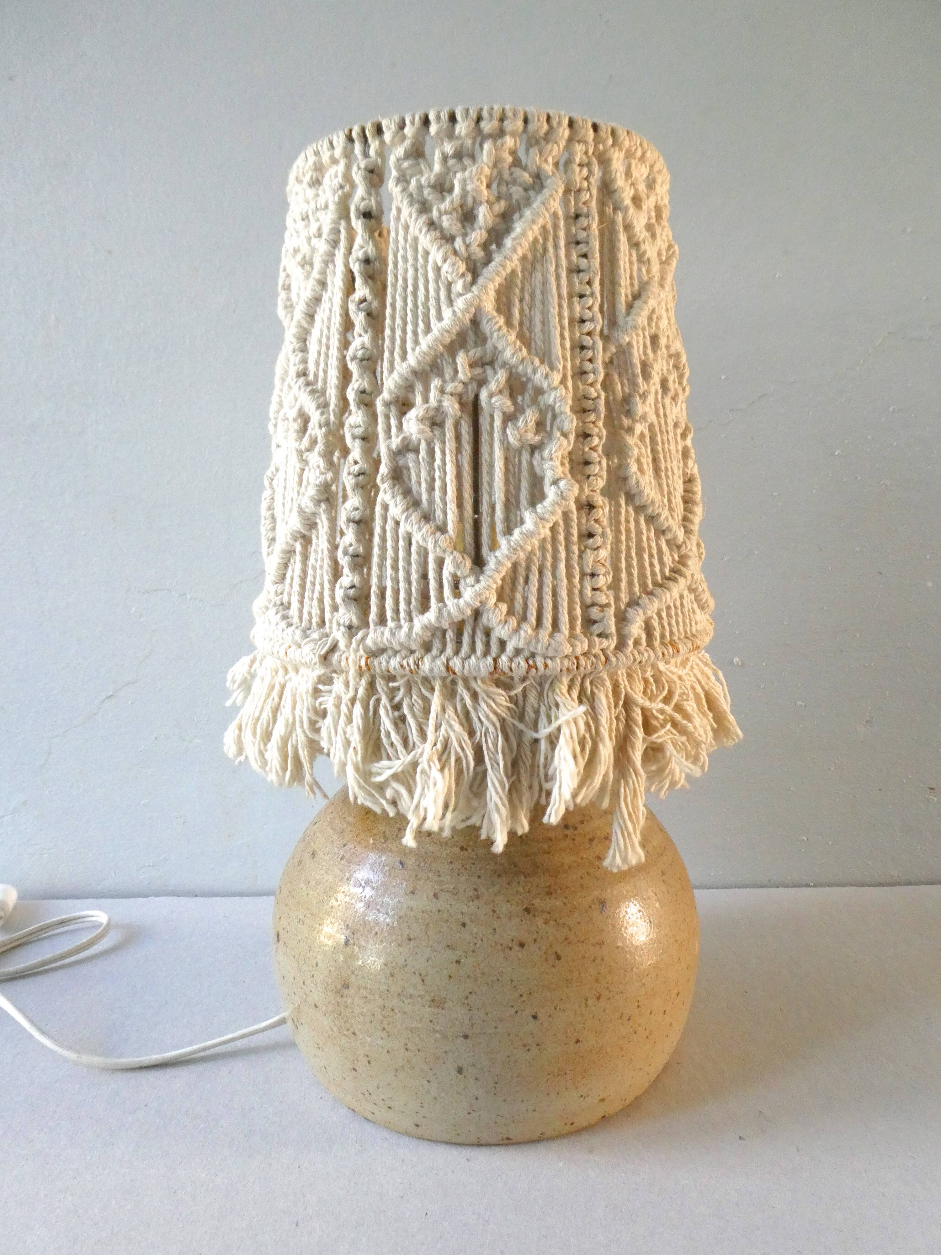 Sandstone lamp with a macrame Lampshade, Jean Migeon