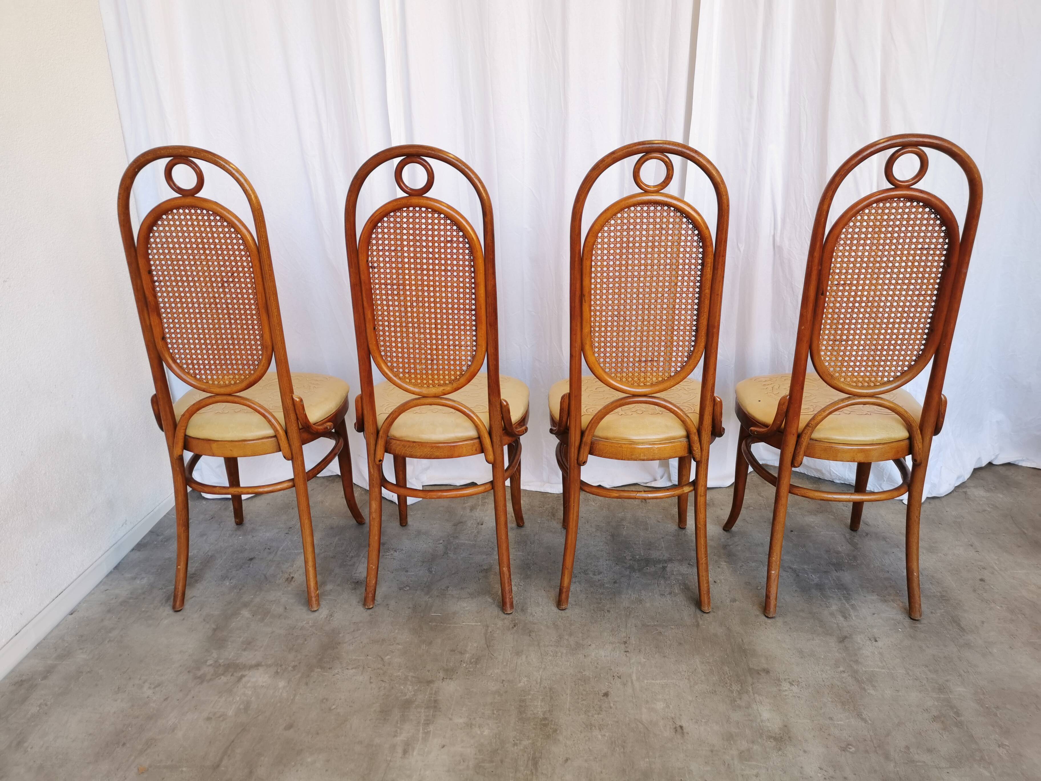 Set of 4 Vintage Bentwood Dining Chairs: Cane Back, Leather Seat, Thonet St