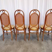Set of 4 Vintage Bentwood Dining Chairs: Cane Back, Leather Seat, Thonet St
