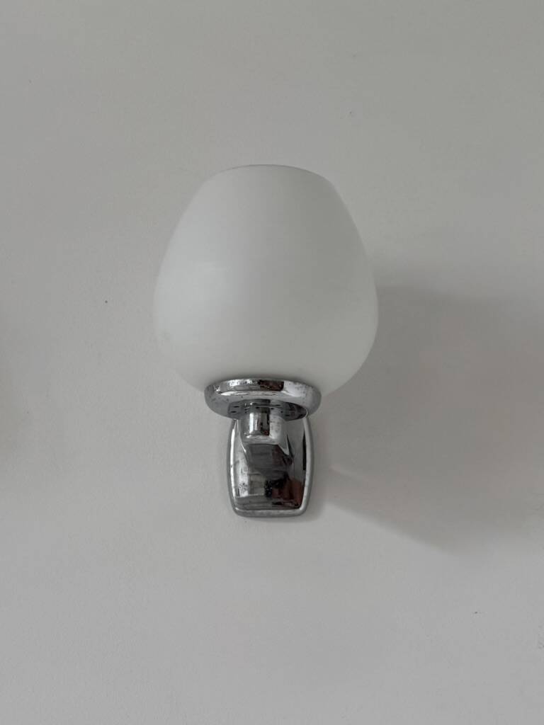 Pair of vintage opaline and chrome metal wall lights, France, 1970.