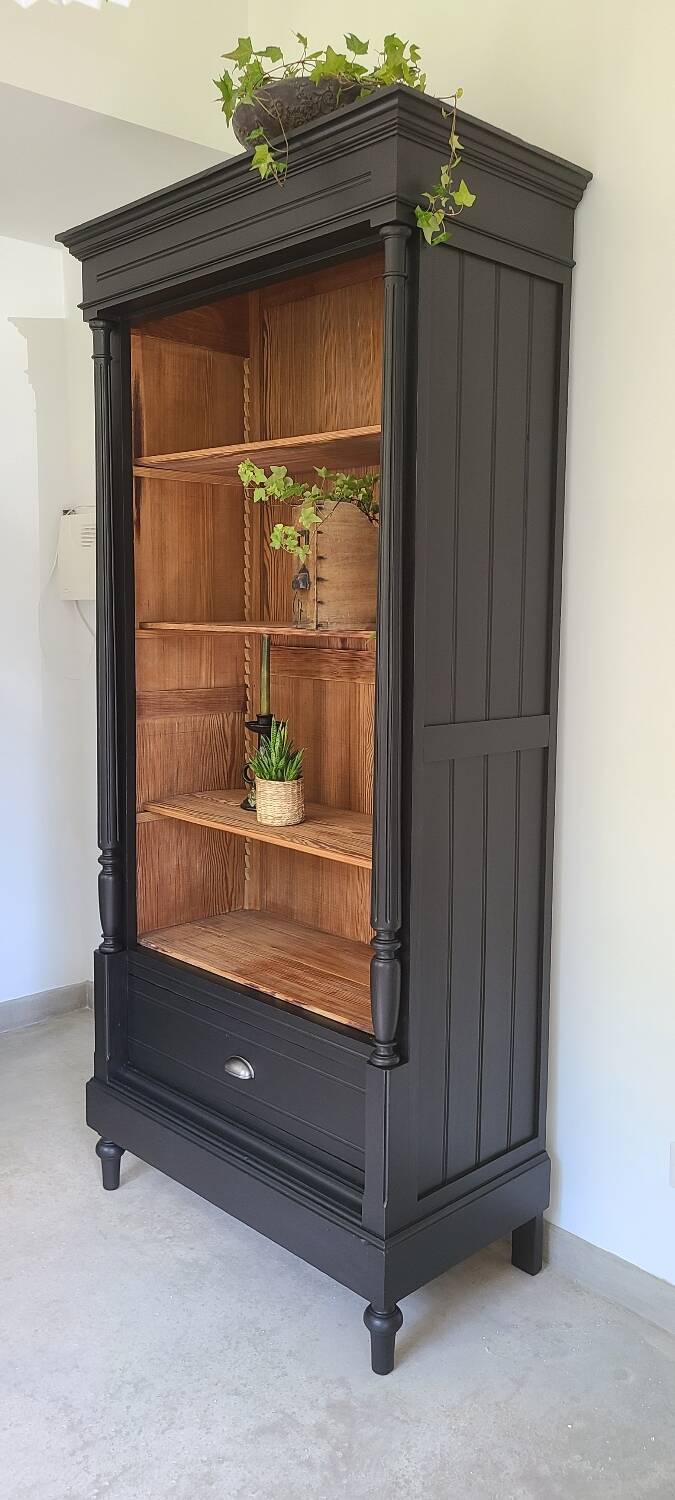 Old library storage unit shelf cabinet curiosities vintage black linen