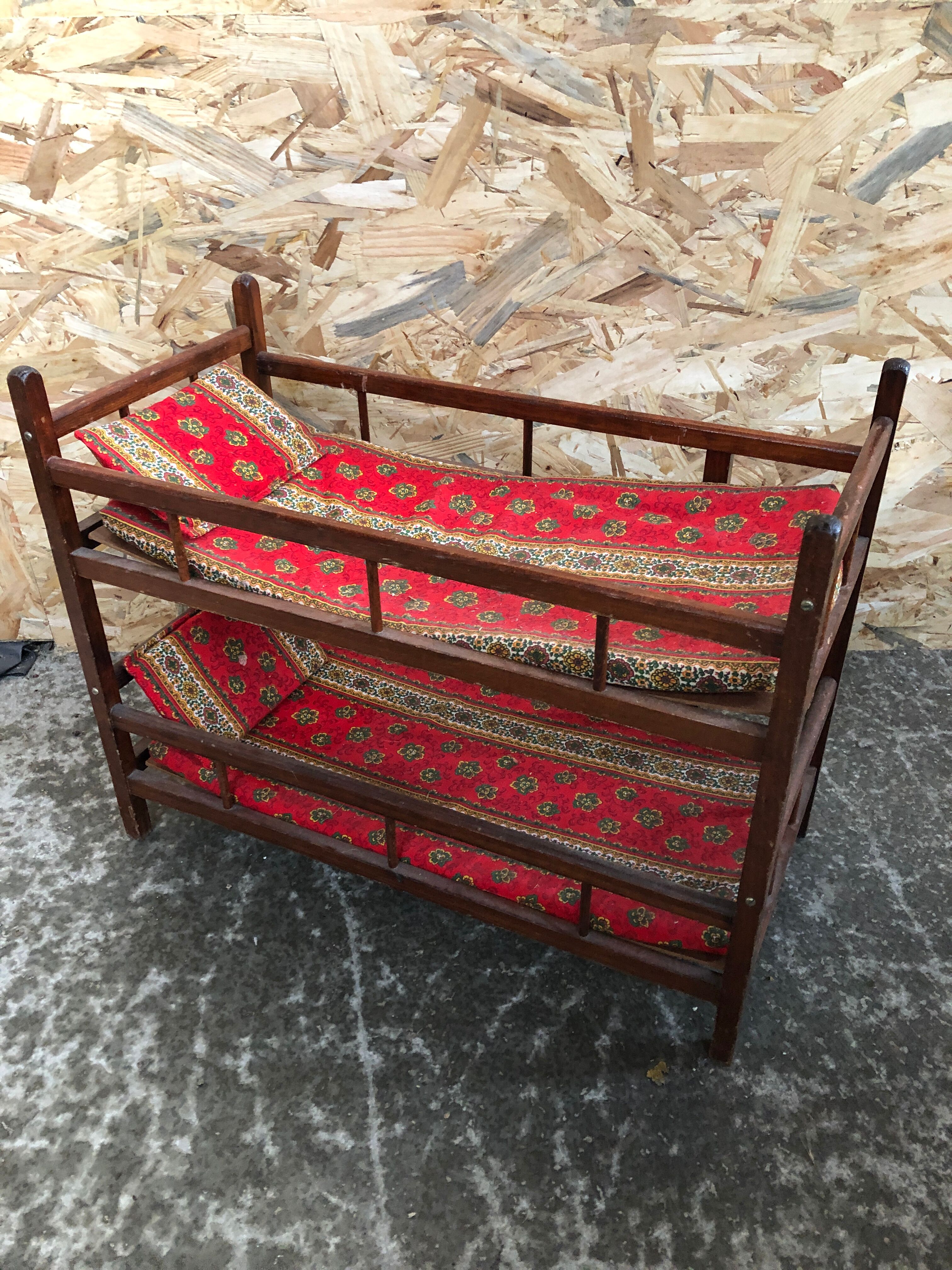 Old bunk bed doll wood + mattresses & cushions vintage fabric