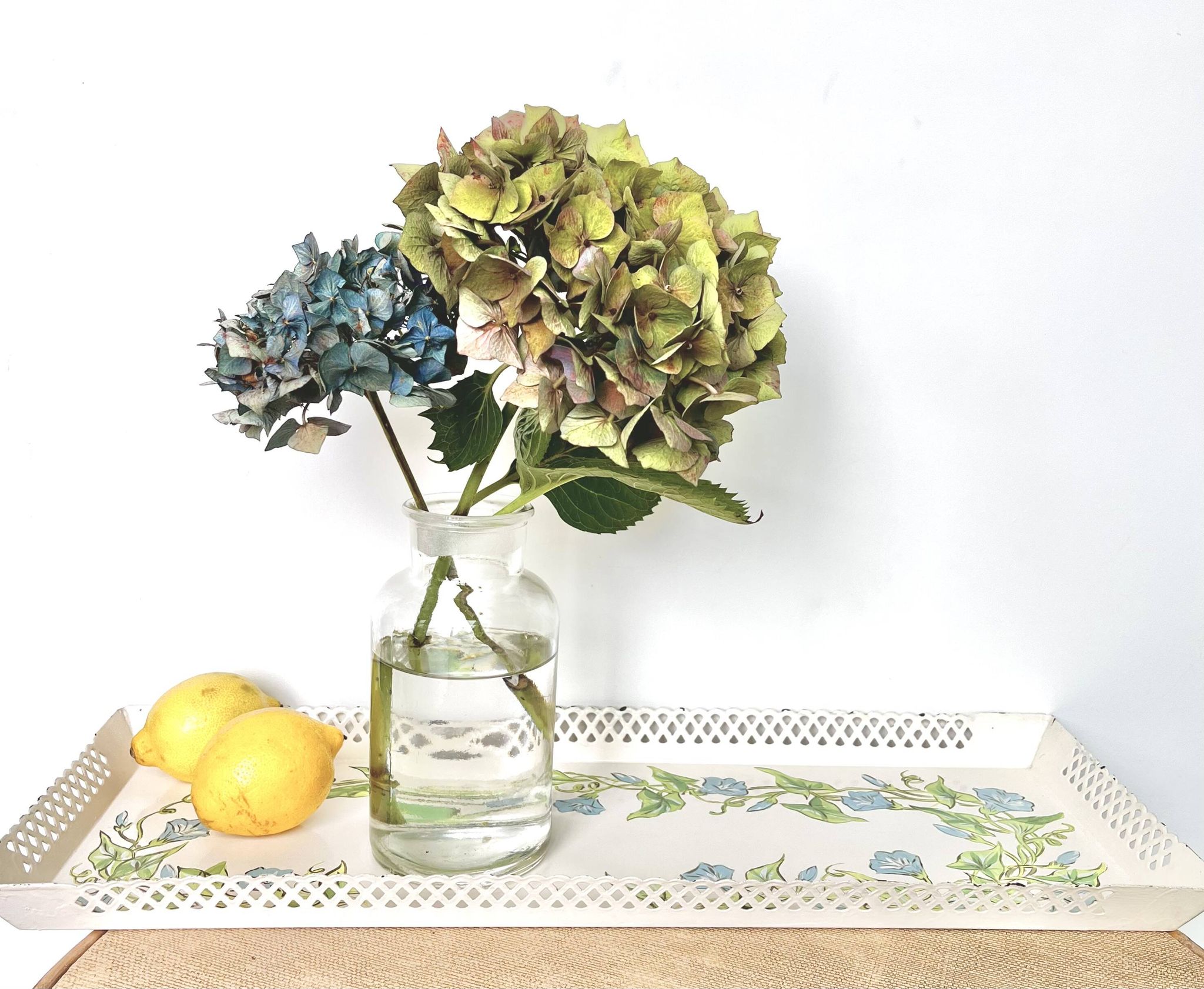 Large painted sheet metal tray with flower decoration