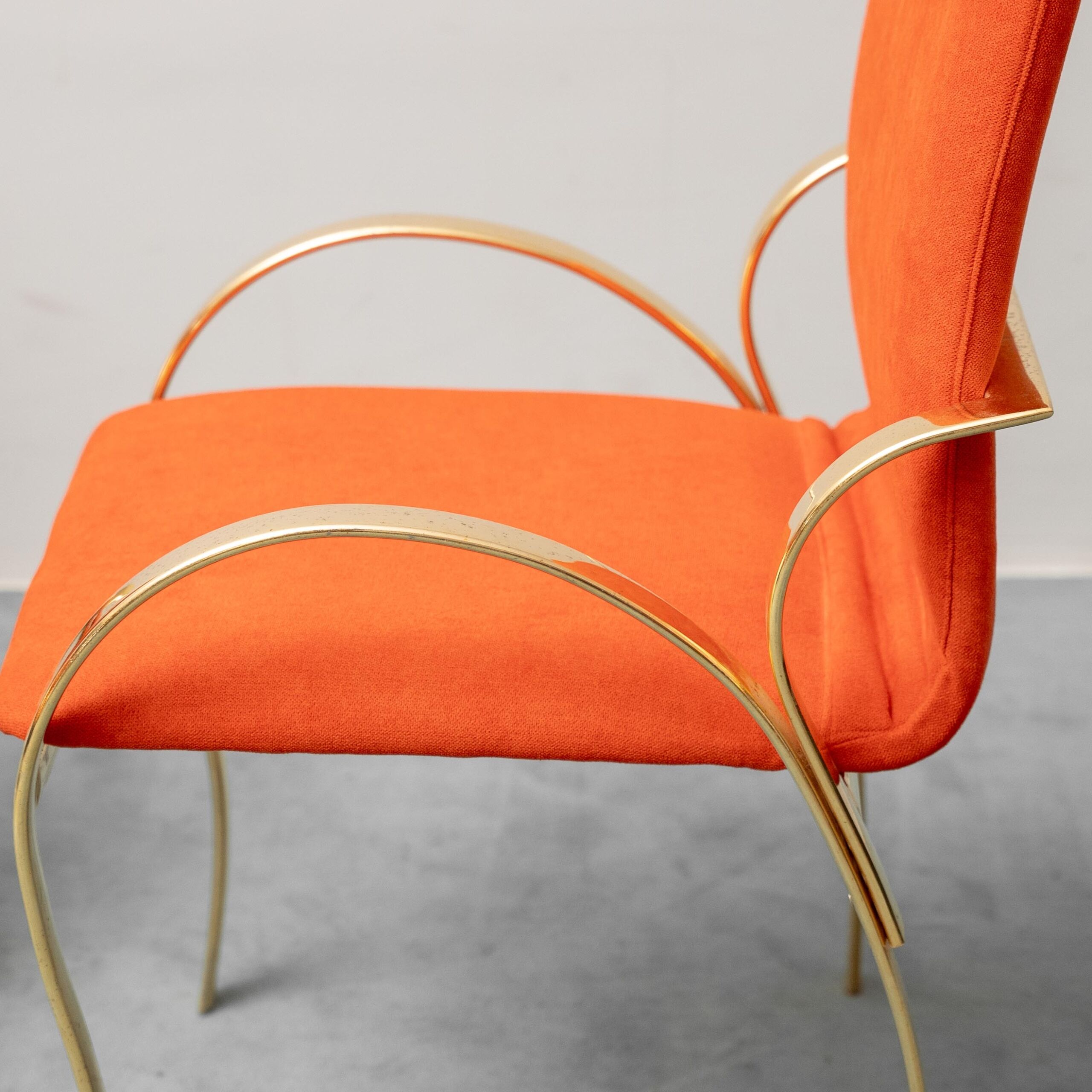 Set of 4 vintage golden metal and orange fabric chairs, 1970s modernist