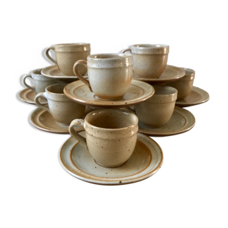 set of 10 cups and sub-cups in stoneware of the Marais handcrafted signed 70s