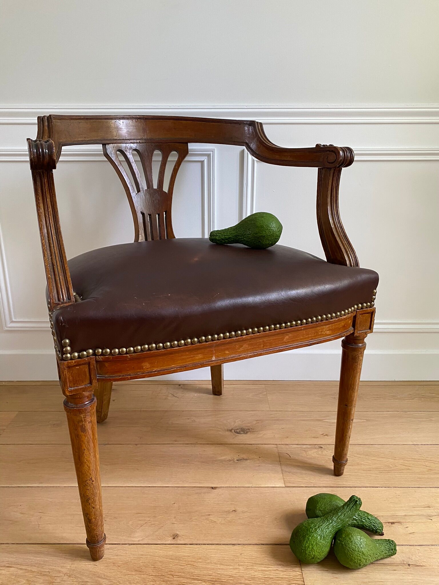 Vintage office chair in wood and brown studded leather late nineteenth