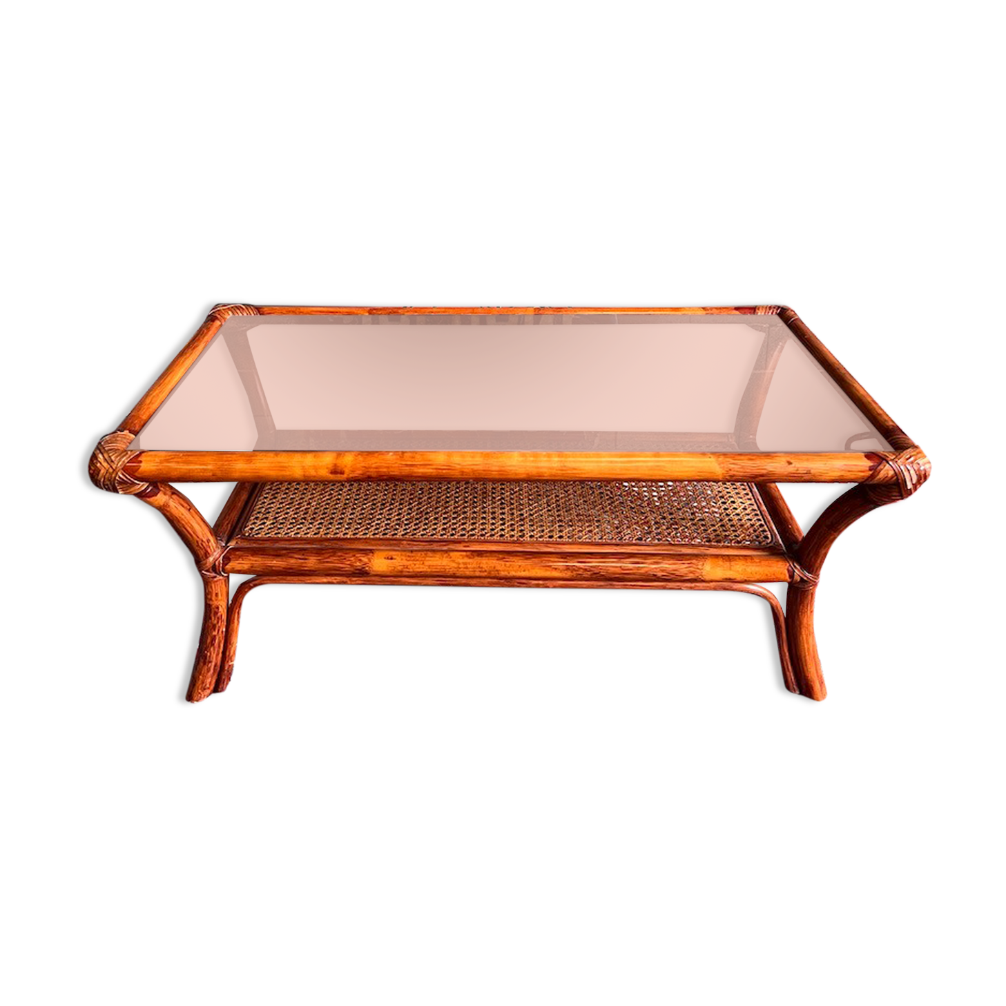 Vintage rattan coffee table and cannage and smoked glass top - 70s