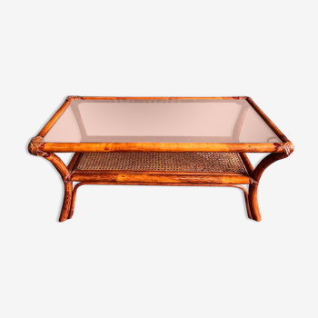 Vintage rattan coffee table and cannage and smoked glass top - 70s