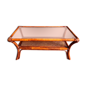 Vintage rattan coffee table and cannage and smoked glass top - 70s