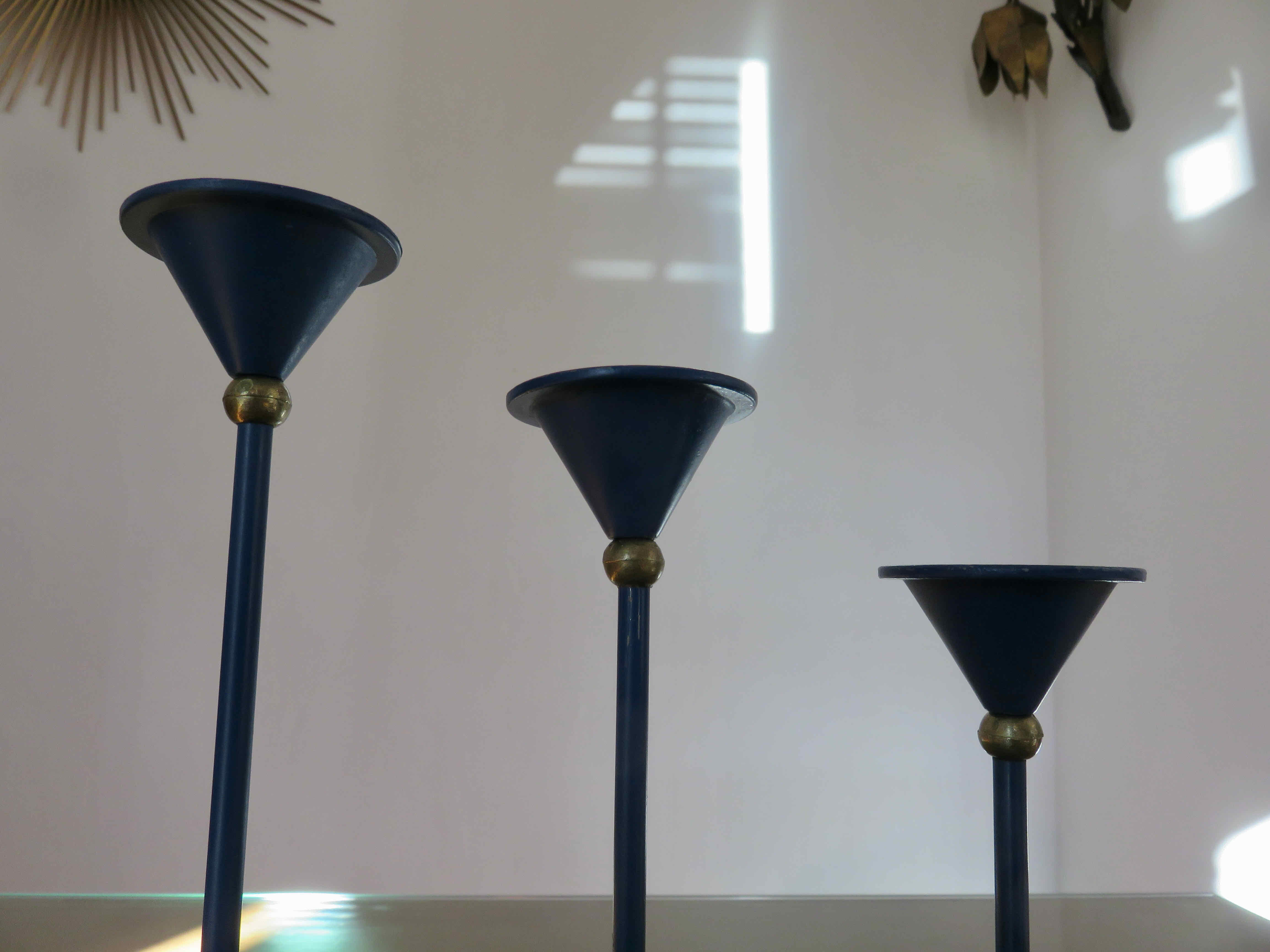 3 modernist Scandinavian candlesticks in blue lacquered metal and brass 60s 70s