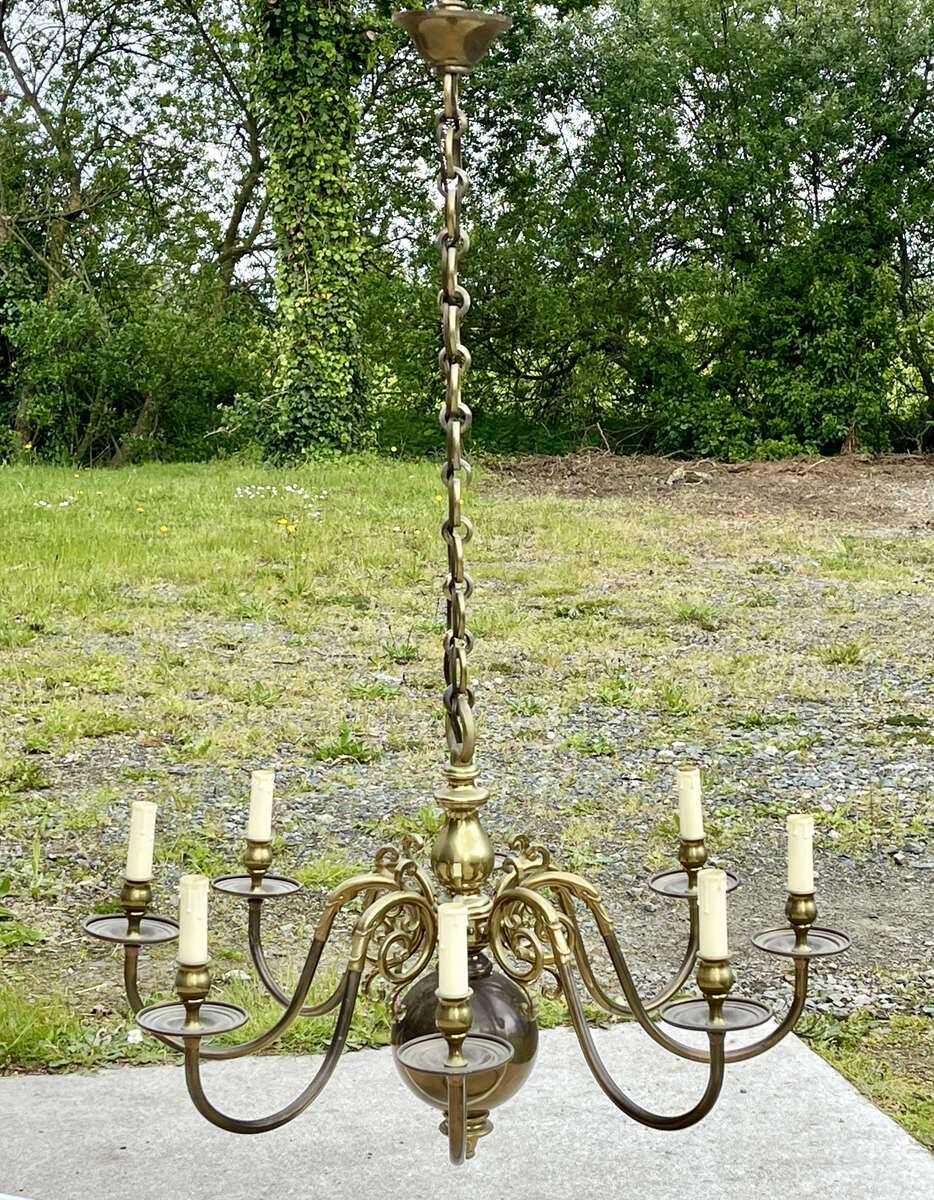 Lustre hollandais en laiton 8 feux années 60 - 85cmx1m23.