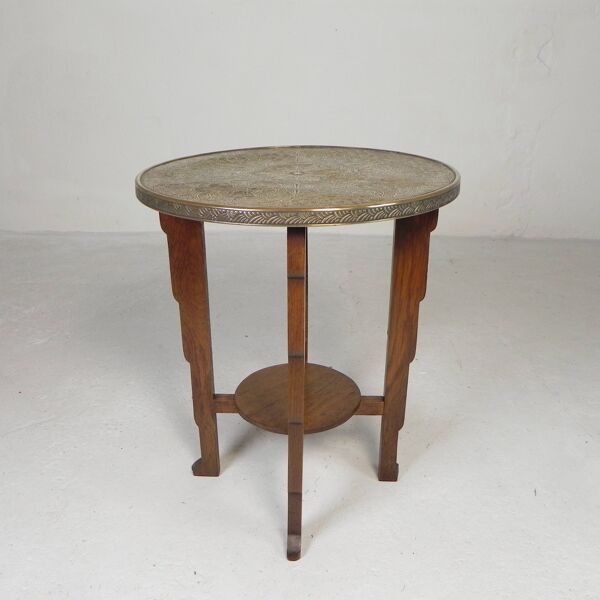 Table Art Déco avec plateau en laiton, Amsterdam School, années 1930