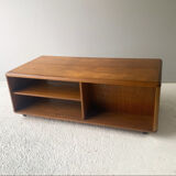 1970’s mid century modern large solid teak coffee table, media stand on castors