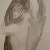 Tableau signé aquarelle monochrome sépia portrait féminin « la coiffure »