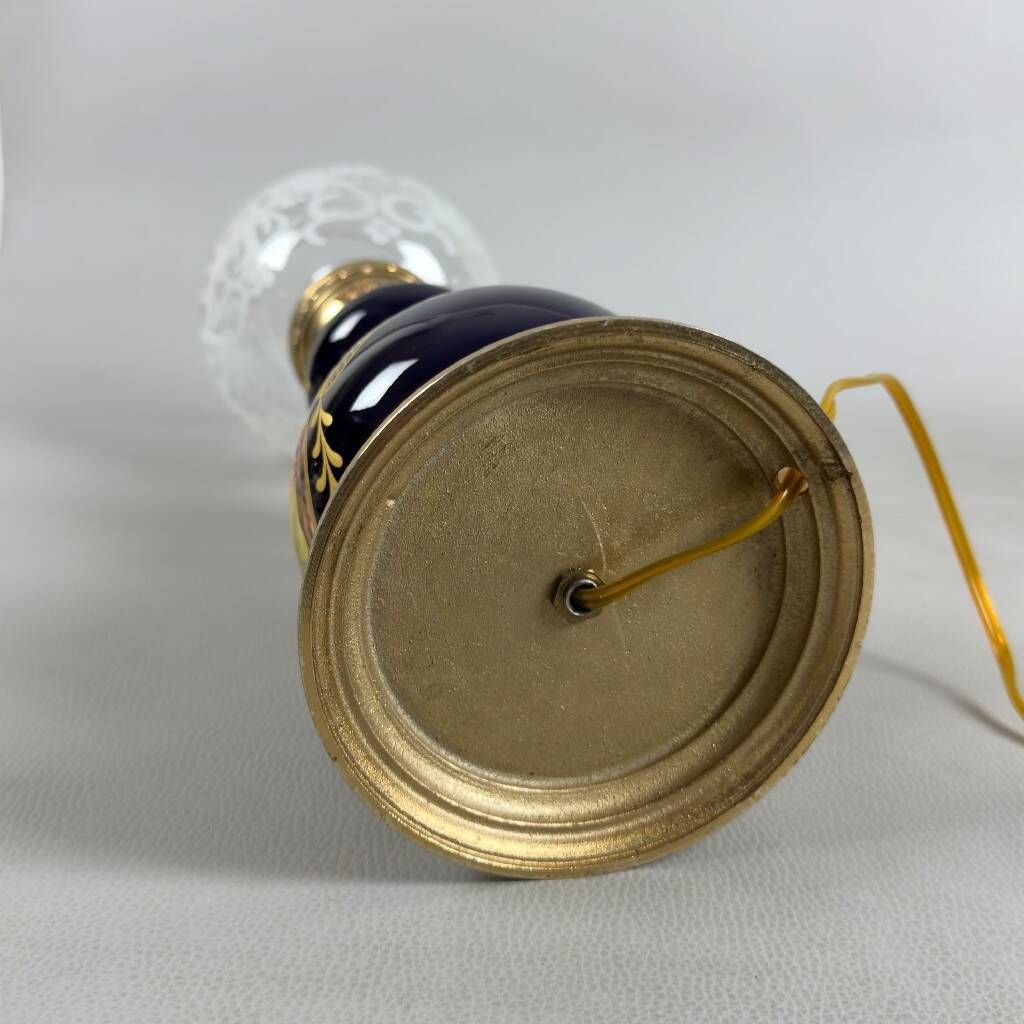 Antique French porcelain table lamp, brass and satin glass, 20th century.