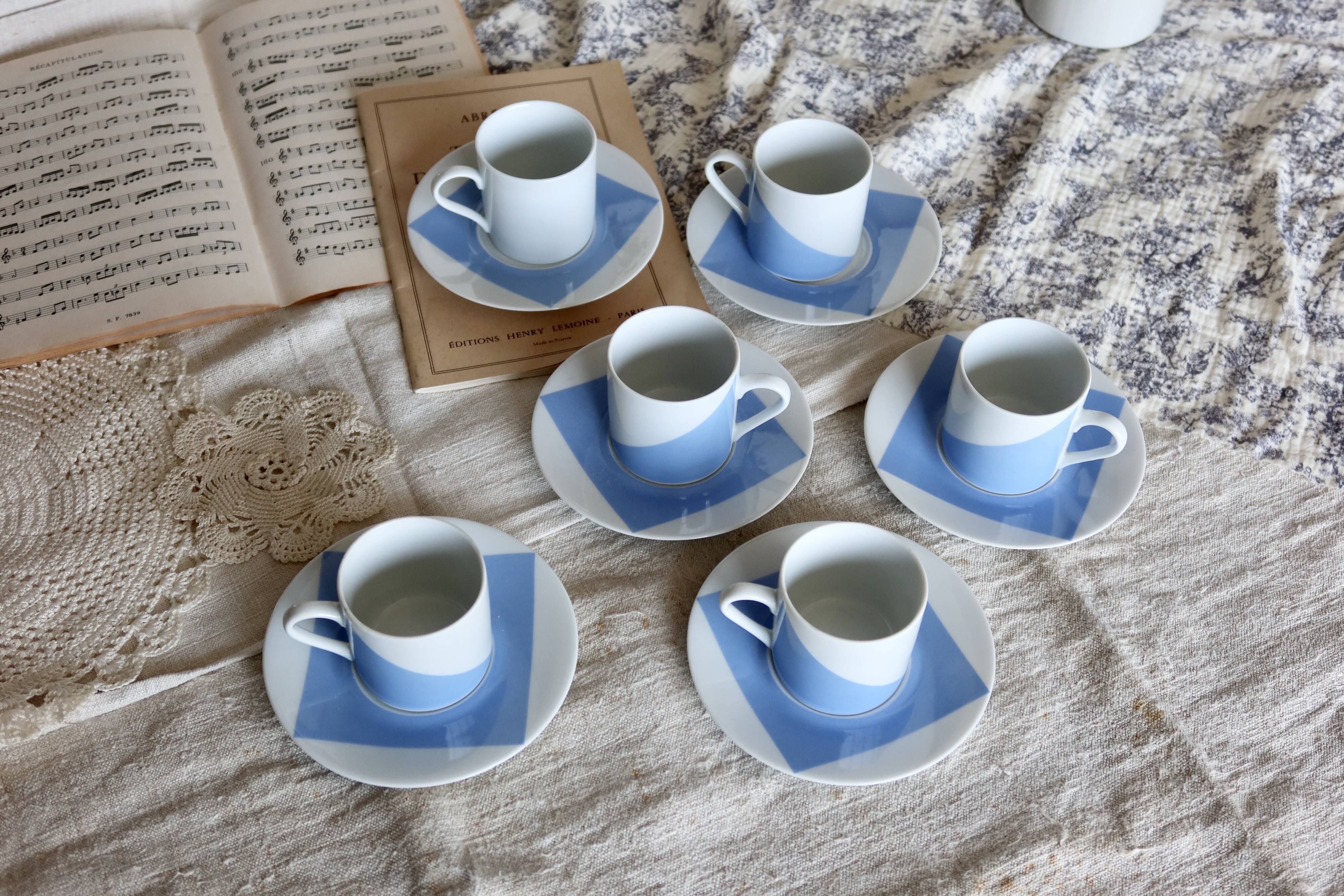 Vintage Guy Degrenne porcelain coffee set with "Carré bleu" decor