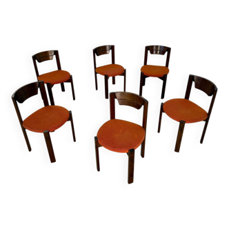 Set of 6 Girsberger Scandinavian style chairs from the 70s, vintage, solid wood, original fabric