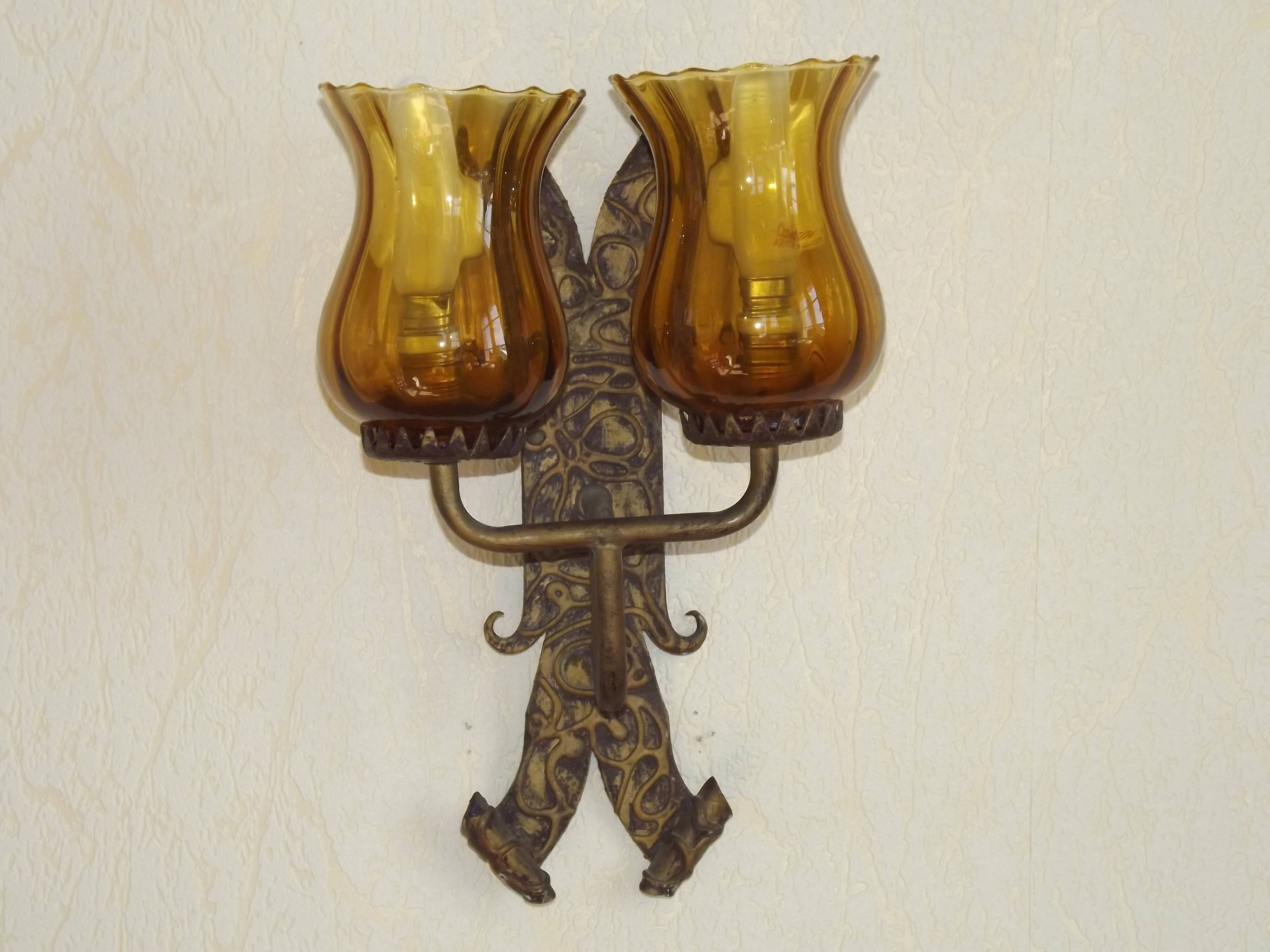 Double Hand Forged Wrought Iron Medieval Style Wall Light with Amber Glass Shade