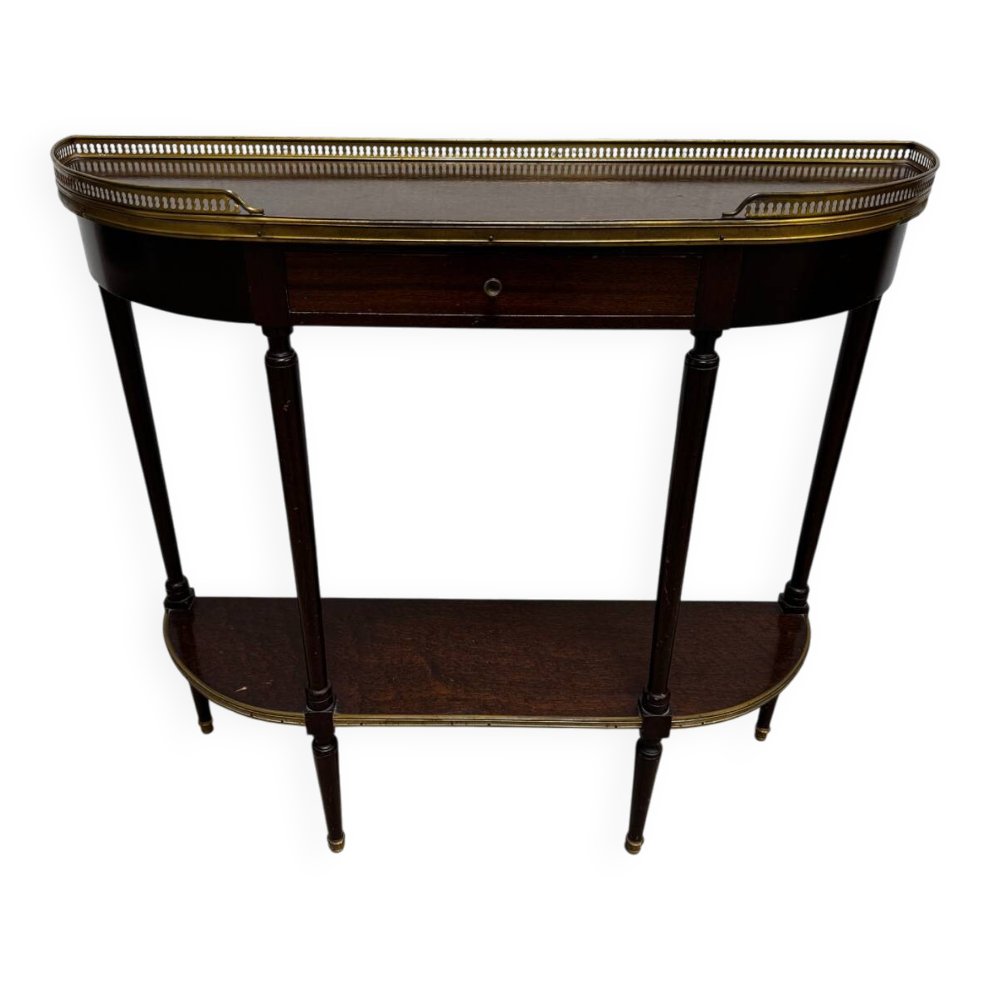 Louis XVI demi-moon console in wood and brass.