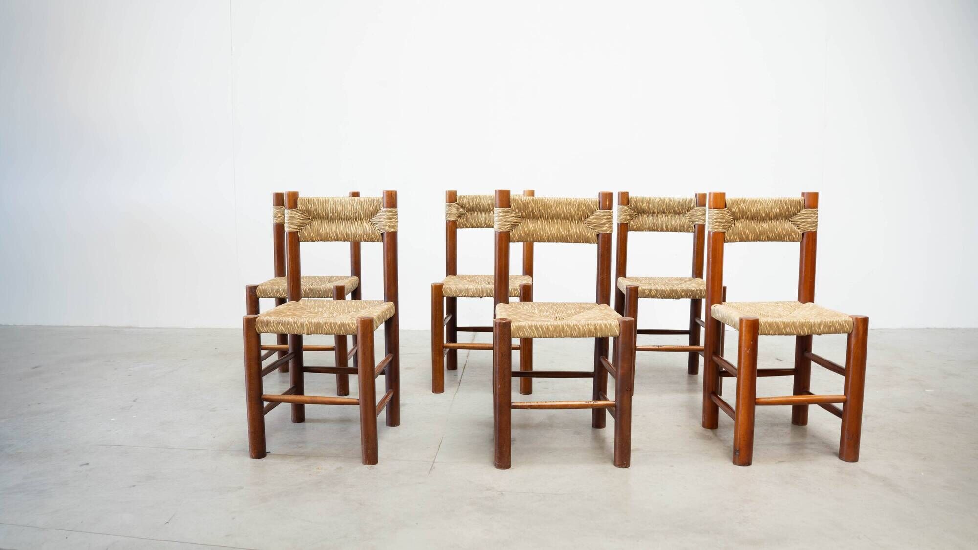 Set of six rattan and oak French dining chairs