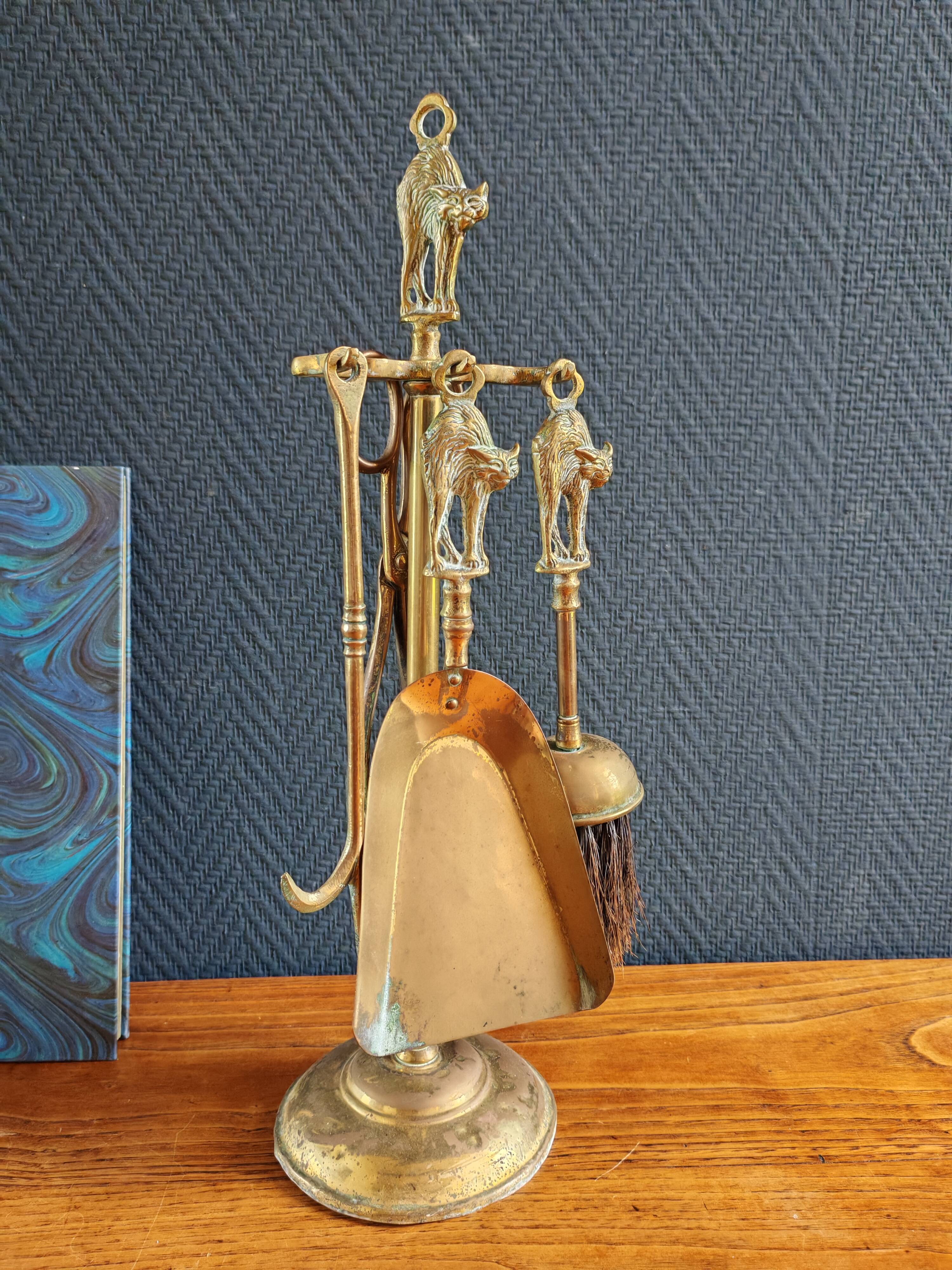 Vintage Brass Fireplace Tools Cat Decor