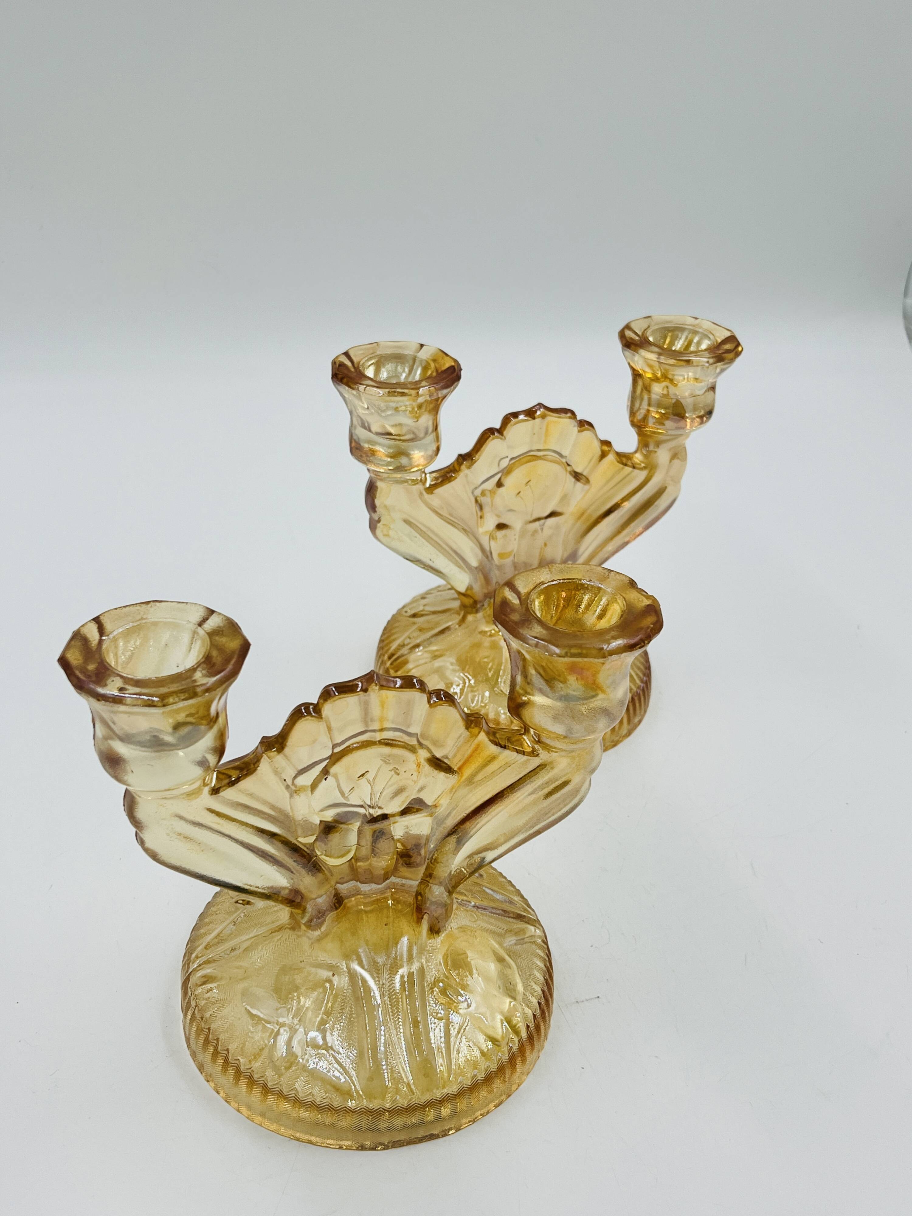 Pair of Empoli amber glass chandeliers in Art Deco style