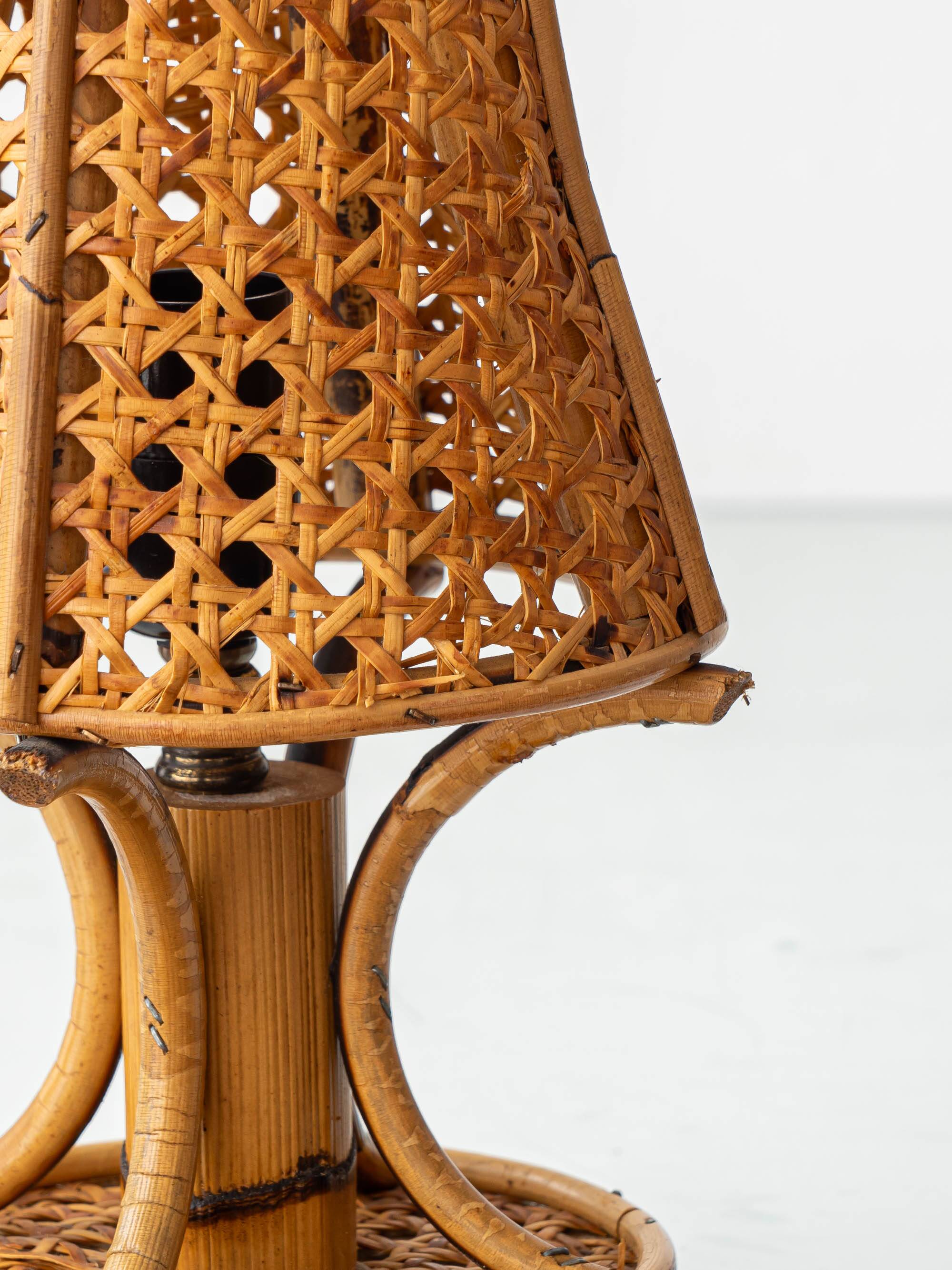 French Riviera Bamboo Rattan Table Lamps, Pair, Vienna Straw Shades, 1960s