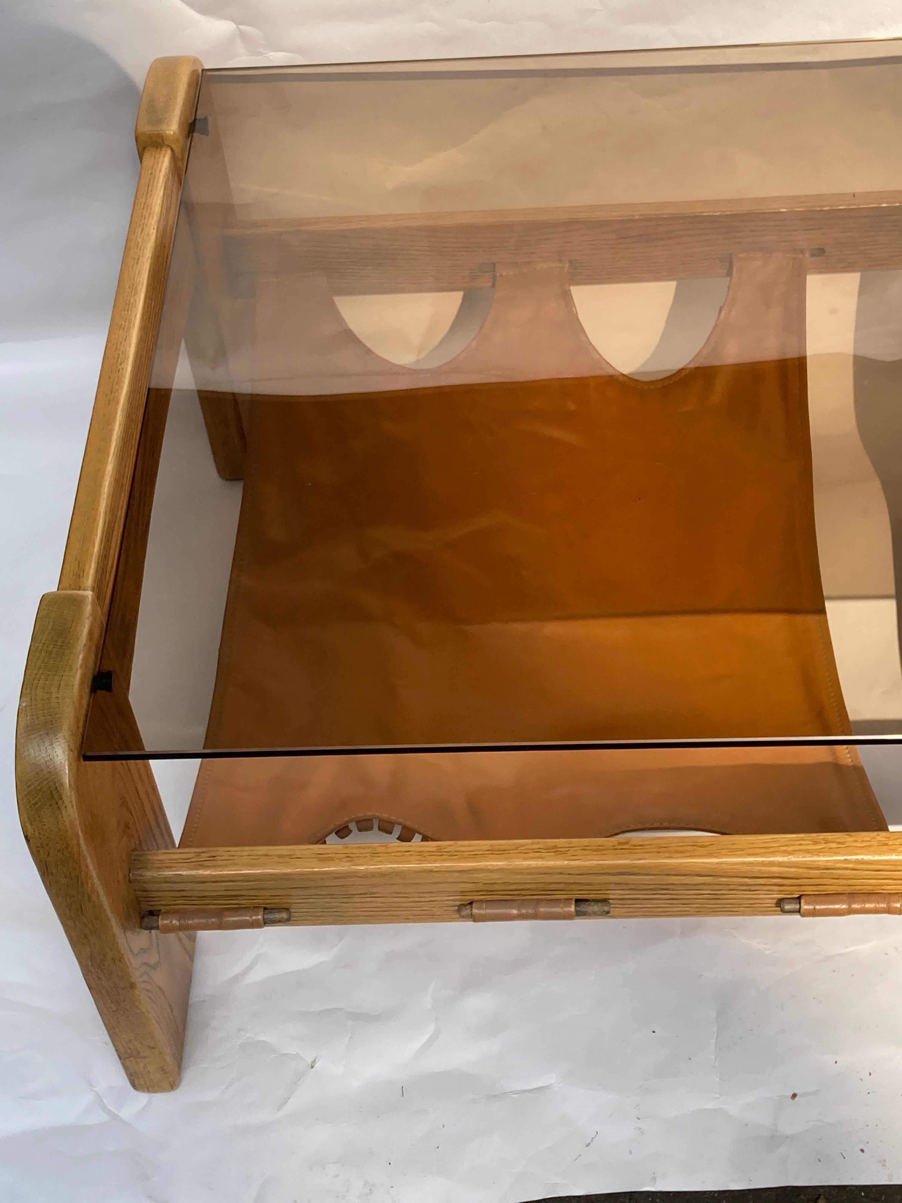 Brutalist wabi sabi slated coffee table with leather magazine holder