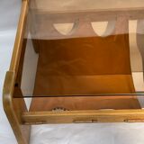 Brutalist wabi sabi slated coffee table with leather magazine holder
