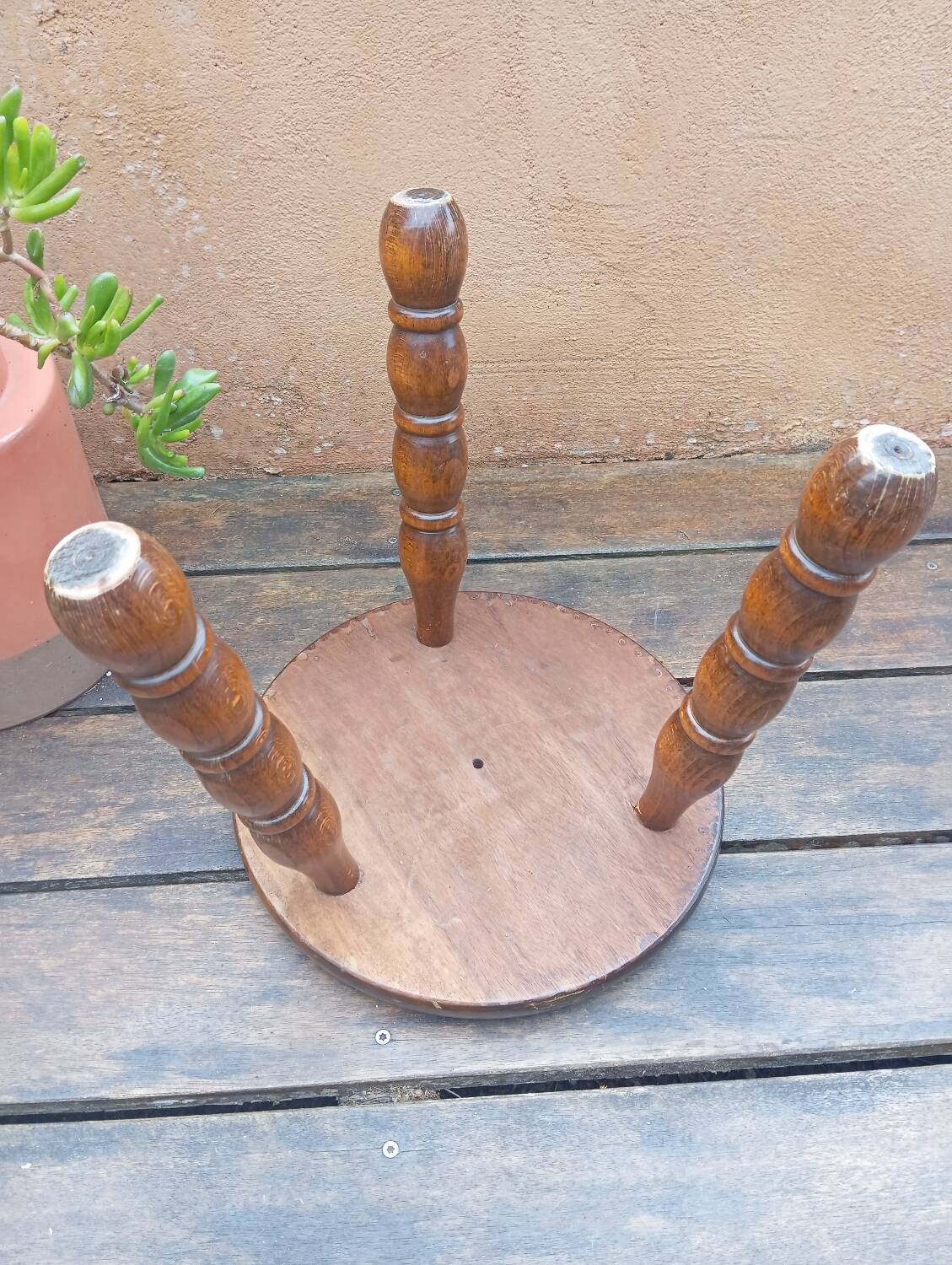 Brutalist tripod wooden stool in Charles Duduyt style.50/60