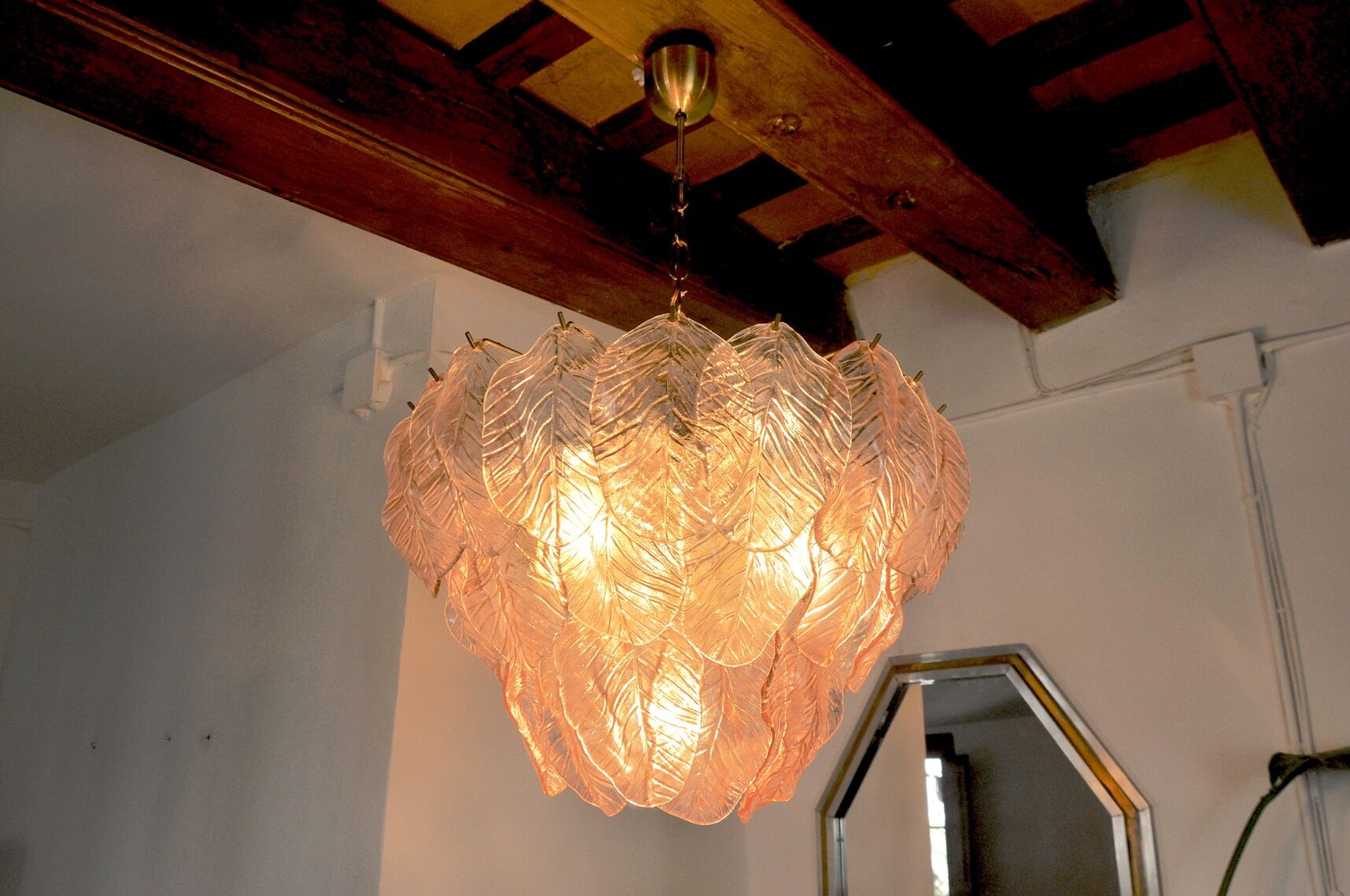 Chandelier "Leaves" murano mazzega, pink glass, italy, 1960