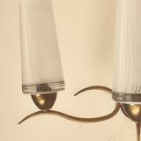 Two-light wall sconce in gilded metal with opaque glass shades, 1950/1960