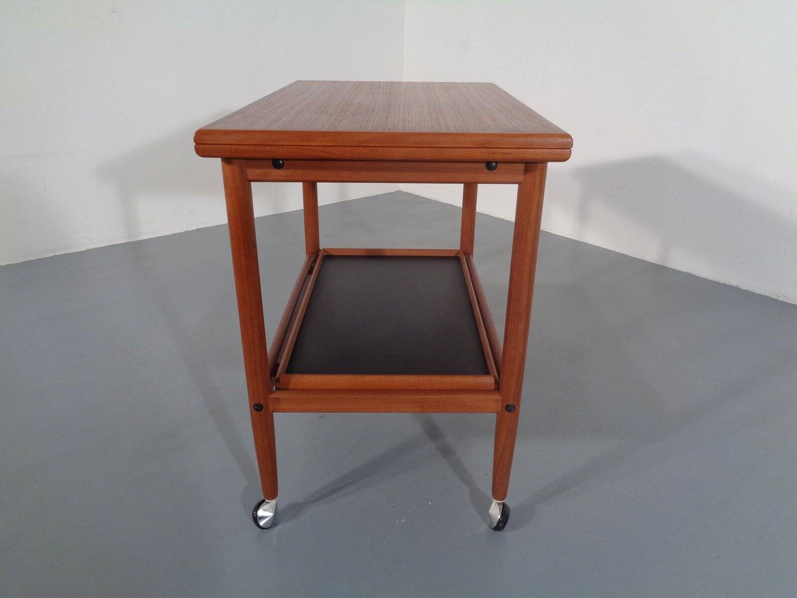 Teak Flip-Flop Expandable Cart with Removable Tray by Grete Jalk for Poul Jeppesens Møbelfabrik, Denmark, 1960s