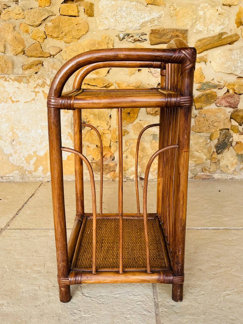 Vintage bamboo and wicker bedside table with 2 shelves, circa 1970