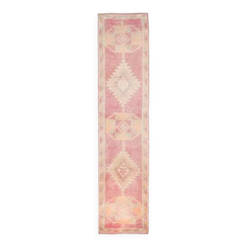 Vintage Turkish Hand-Knotted Wool Cotton Pink Runner Rug 80x365