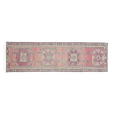Tapis de couloir vintage turc Oushak fait main en laine et coton rose, années 1970
