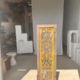 Rectangular Indonesian construction element with blue and yellow plant in carved wood