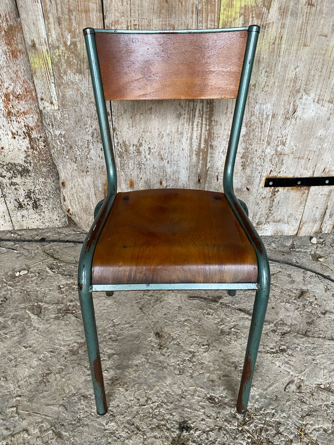 Vintage chair mullca model 510 green metal + wooden seat and back in burgundy
