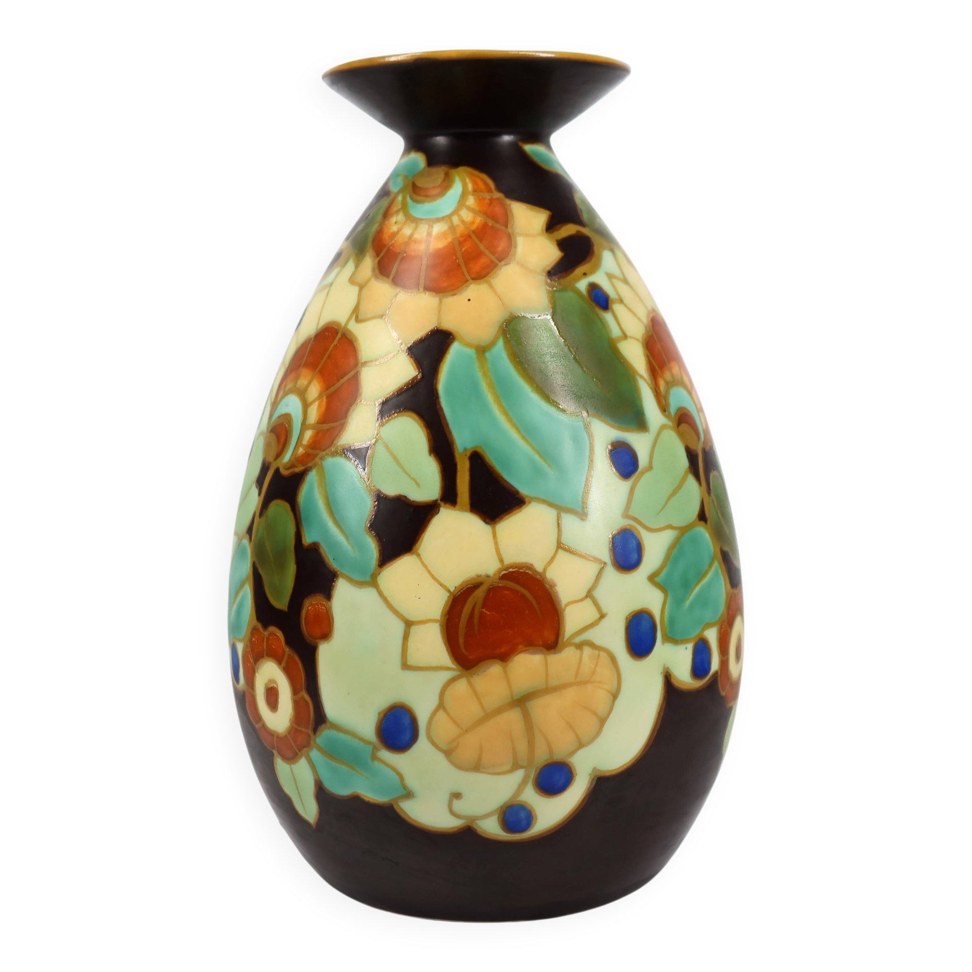 Art Deco vase by Boch Keramis with stylised floral decoration.