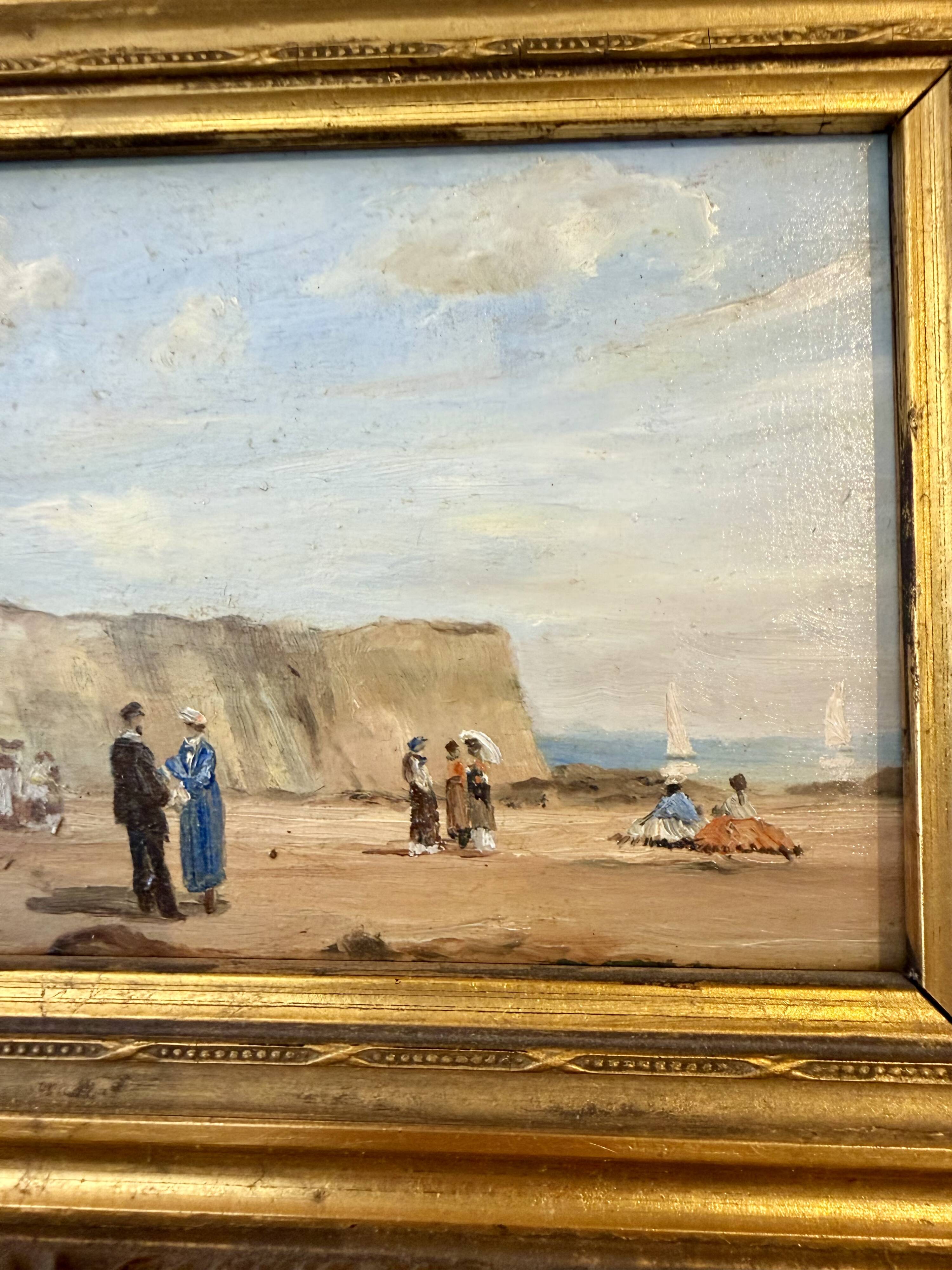Oil on wood – Beach scene with cliffs – signed SP