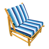 Low armchair in eucalyptus wood with blue and white cushions