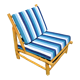 Low armchair in eucalyptus wood with blue and white cushions