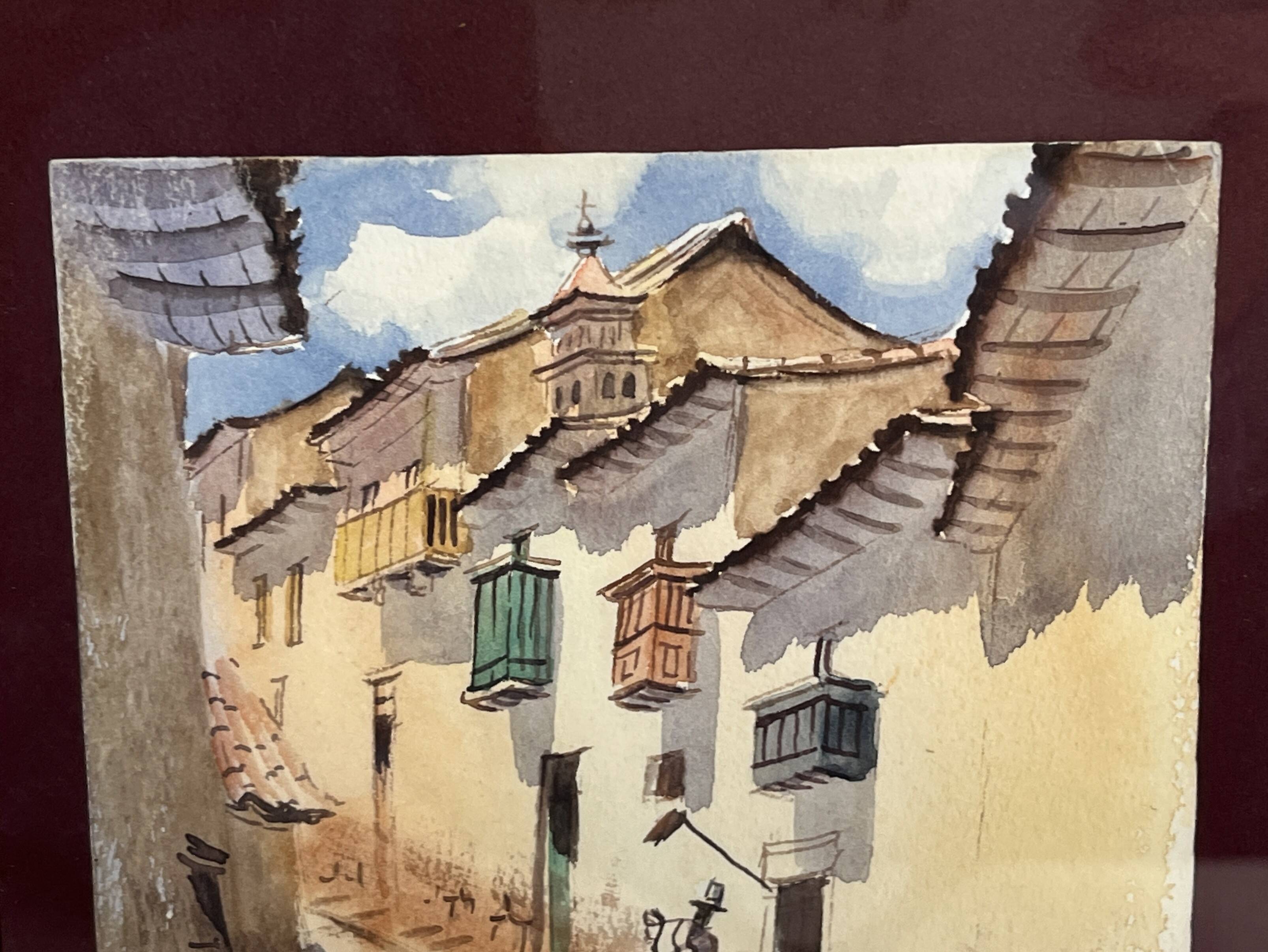 Gouache, lively street scene, South America, signed, 20th century