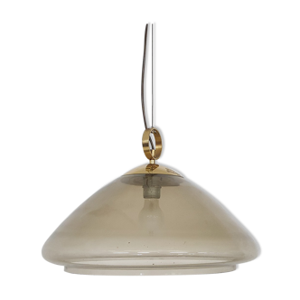 Mid-century smoked glass and brass pendant light